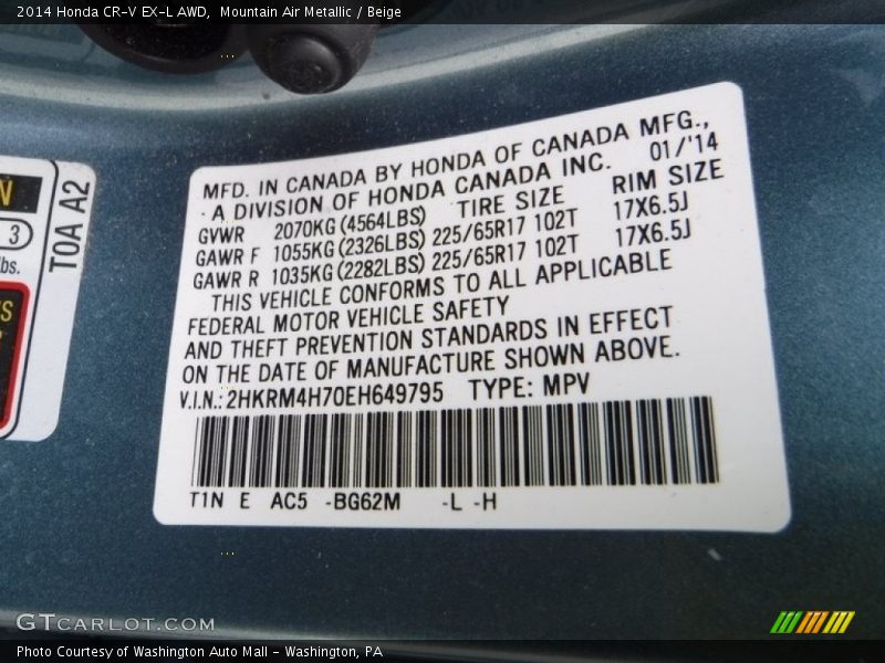 Mountain Air Metallic / Beige 2014 Honda CR-V EX-L AWD