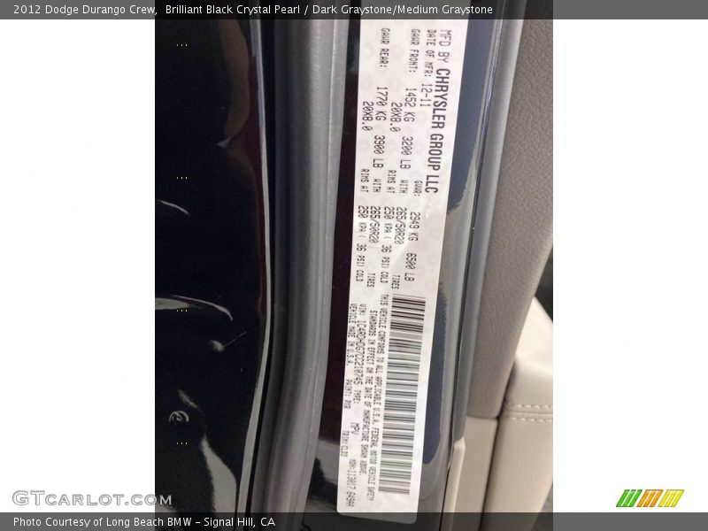 Brilliant Black Crystal Pearl / Dark Graystone/Medium Graystone 2012 Dodge Durango Crew