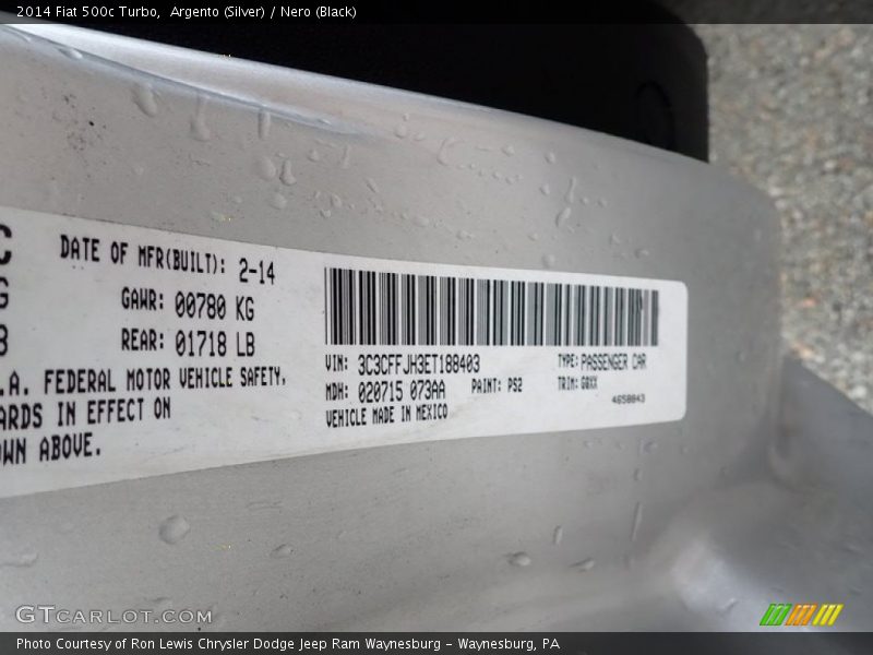 2014 500c Turbo Argento (Silver) Color Code PS2