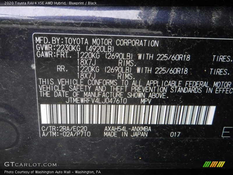 2020 RAV4 XSE AWD Hybrid Blueprint Color Code 2RA