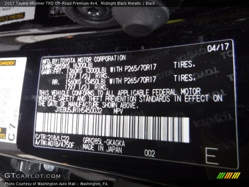 Midnight Black Metallic / Black 2017 Toyota 4Runner TRD Off-Road Premium 4x4