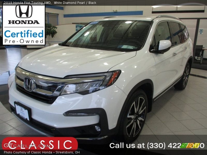 White Diamond Pearl / Black 2019 Honda Pilot Touring AWD