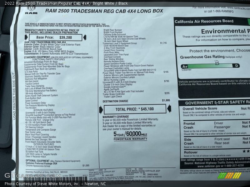  2022 2500 Tradesman Regular Cab 4x4 Window Sticker