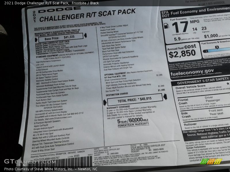  2021 Challenger R/T Scat Pack Window Sticker