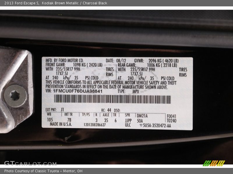 Kodiak Brown Metallic / Charcoal Black 2013 Ford Escape S