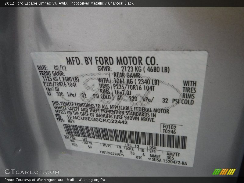 Ingot Silver Metallic / Charcoal Black 2012 Ford Escape Limited V6 4WD