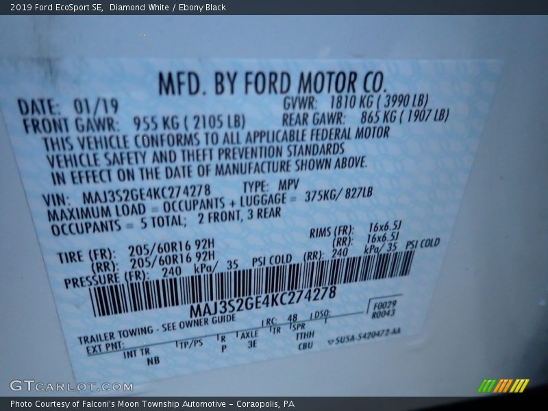 Diamond White / Ebony Black 2019 Ford EcoSport SE