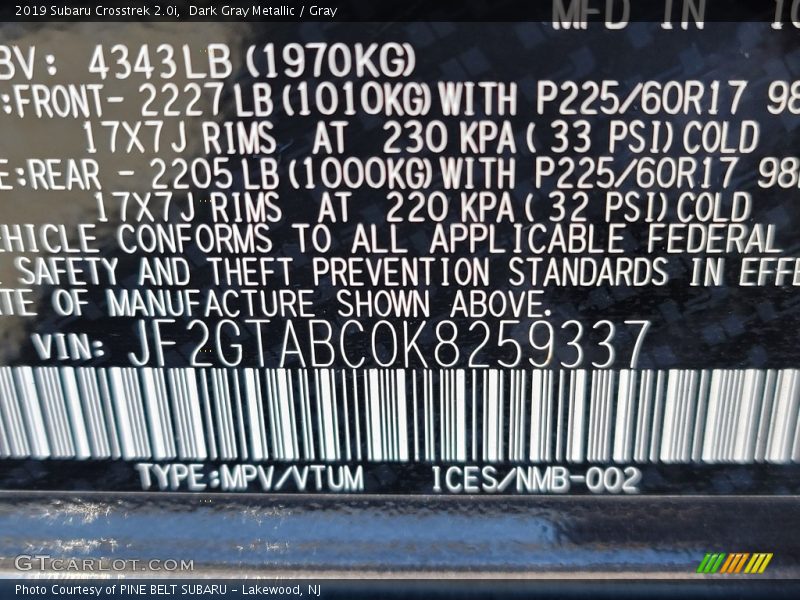 Dark Gray Metallic / Gray 2019 Subaru Crosstrek 2.0i