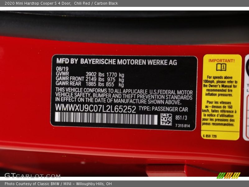 Chili Red / Carbon Black 2020 Mini Hardtop Cooper S 4 Door