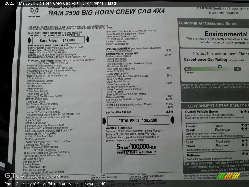  2022 2500 Big Horn Crew Cab 4x4 Window Sticker