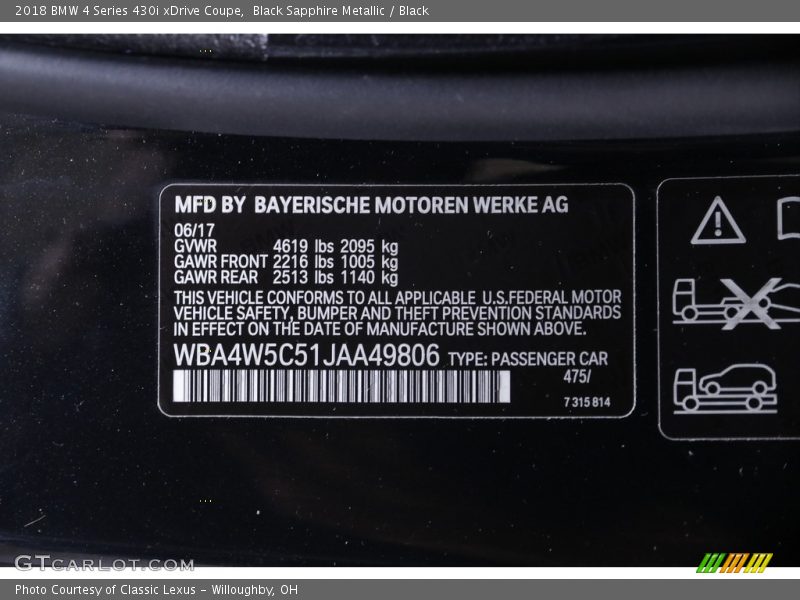 Black Sapphire Metallic / Black 2018 BMW 4 Series 430i xDrive Coupe