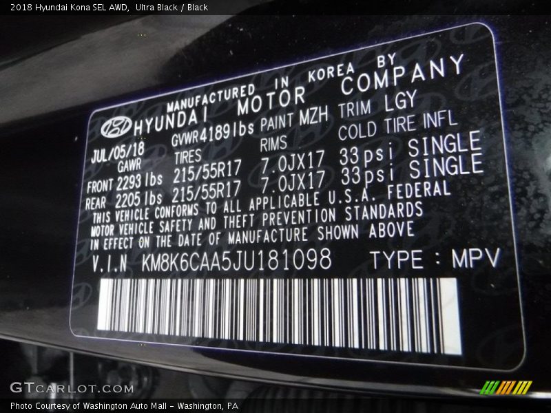 Ultra Black / Black 2018 Hyundai Kona SEL AWD