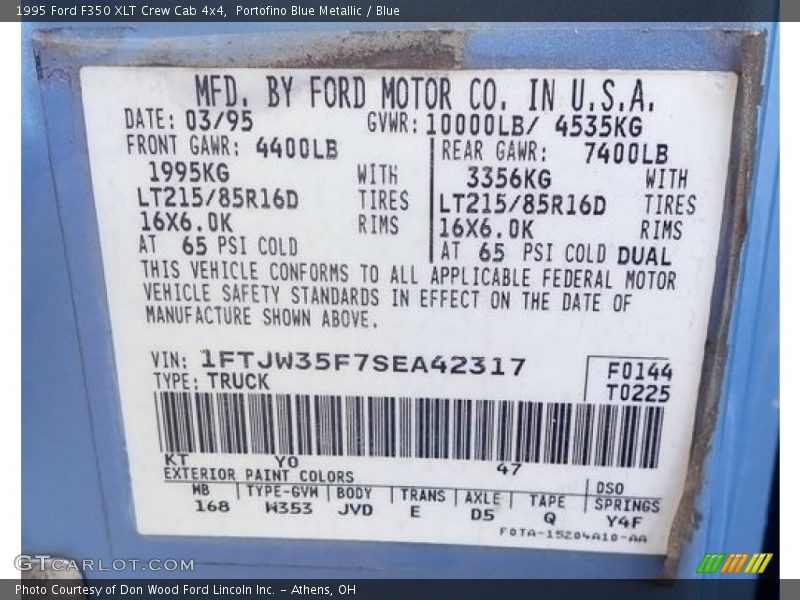 1995 F350 XLT Crew Cab 4x4 Portofino Blue Metallic Color Code KT