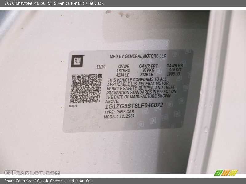Silver Ice Metallic / Jet Black 2020 Chevrolet Malibu RS