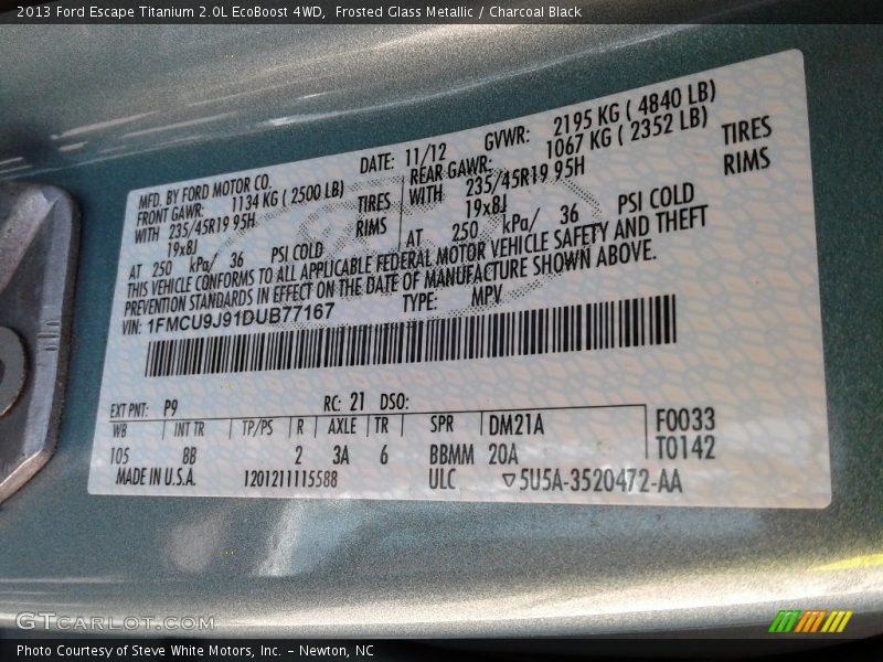 Frosted Glass Metallic / Charcoal Black 2013 Ford Escape Titanium 2.0L EcoBoost 4WD