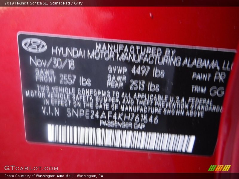 Scarlet Red / Gray 2019 Hyundai Sonata SE