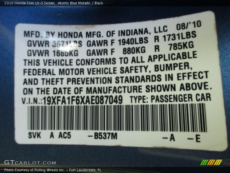 Atomic Blue Metallic / Black 2010 Honda Civic LX-S Sedan