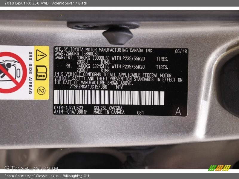 Atomic Silver / Black 2018 Lexus RX 350 AWD