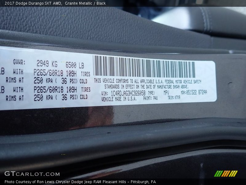 Granite Metallic / Black 2017 Dodge Durango SXT AWD