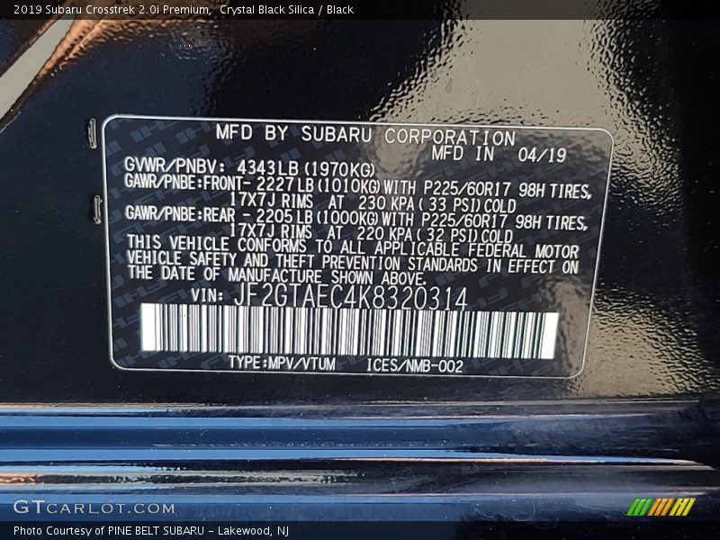 Crystal Black Silica / Black 2019 Subaru Crosstrek 2.0i Premium
