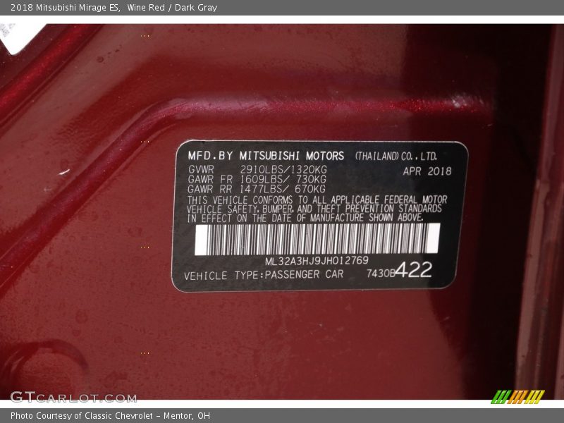 Wine Red / Dark Gray 2018 Mitsubishi Mirage ES