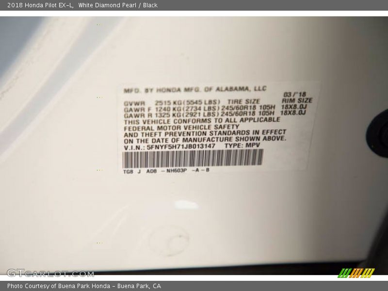 2018 Pilot EX-L White Diamond Pearl Color Code NH603P
