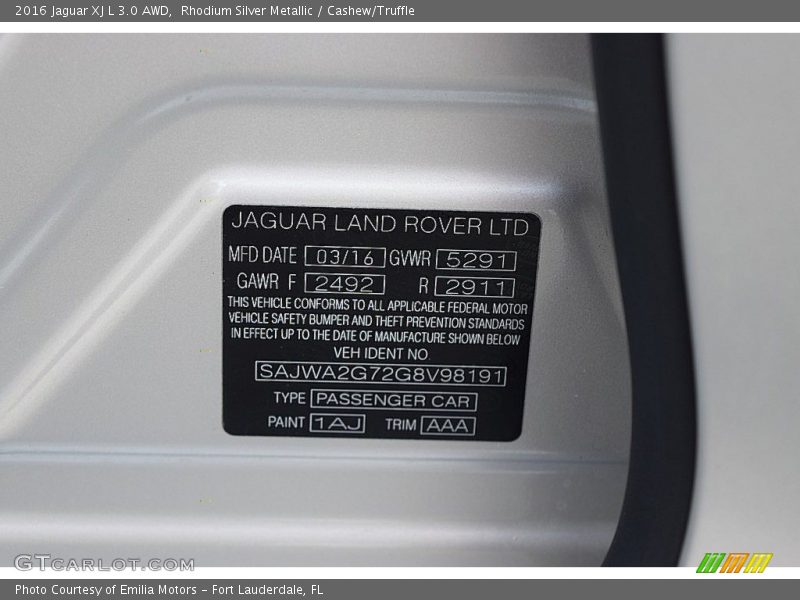 2016 XJ L 3.0 AWD Rhodium Silver Metallic Color Code 1AJ