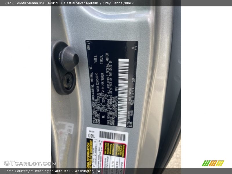 2022 Sienna XSE Hybrid Celestial Silver Metallic Color Code 1J9