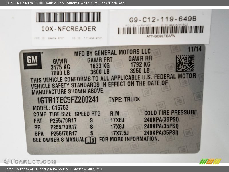 Summit White / Jet Black/Dark Ash 2015 GMC Sierra 1500 Double Cab