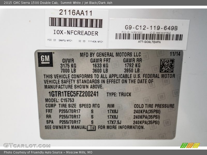 Summit White / Jet Black/Dark Ash 2015 GMC Sierra 1500 Double Cab