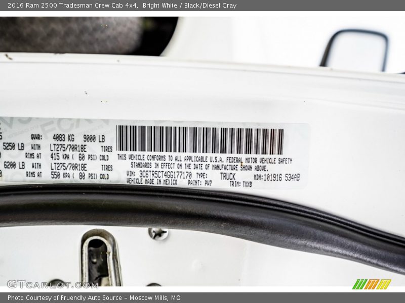 2016 2500 Tradesman Crew Cab 4x4 Bright White Color Code PW7
