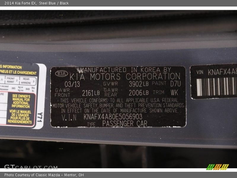 Steel Blue / Black 2014 Kia Forte EX