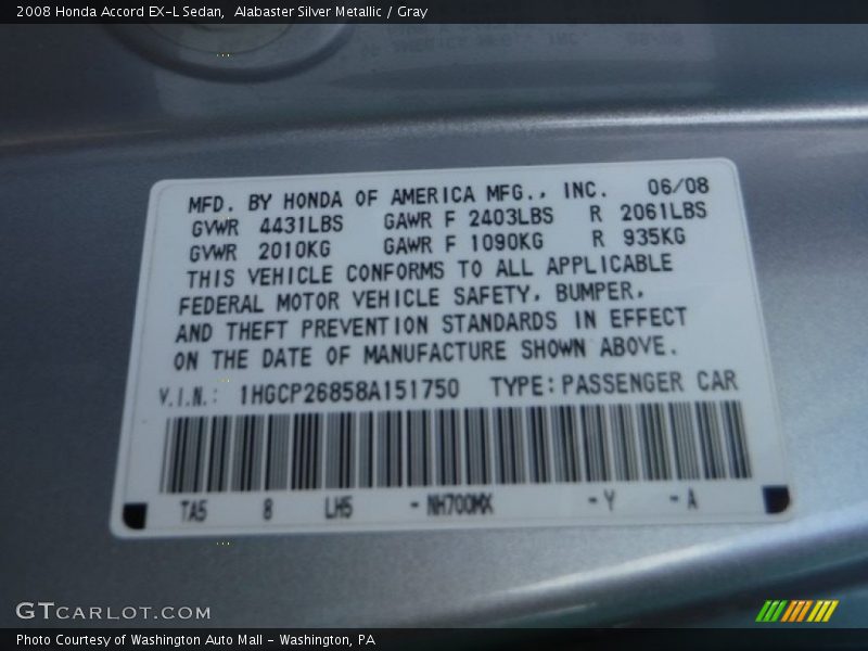 Alabaster Silver Metallic / Gray 2008 Honda Accord EX-L Sedan