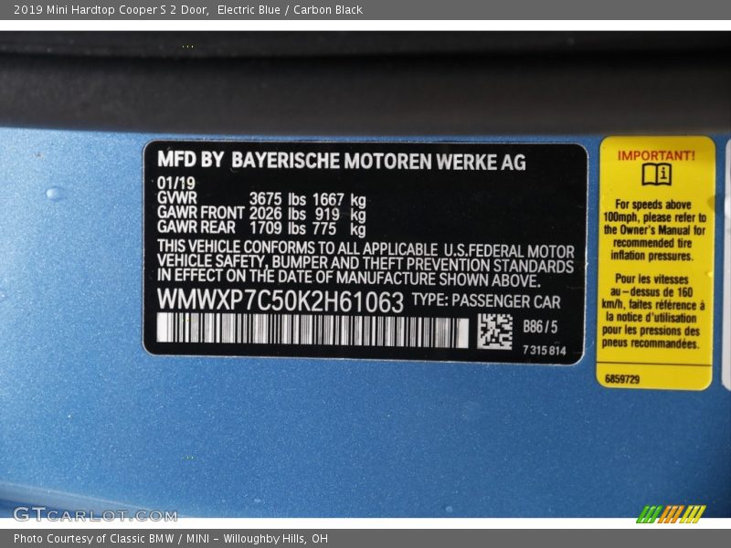 Electric Blue / Carbon Black 2019 Mini Hardtop Cooper S 2 Door