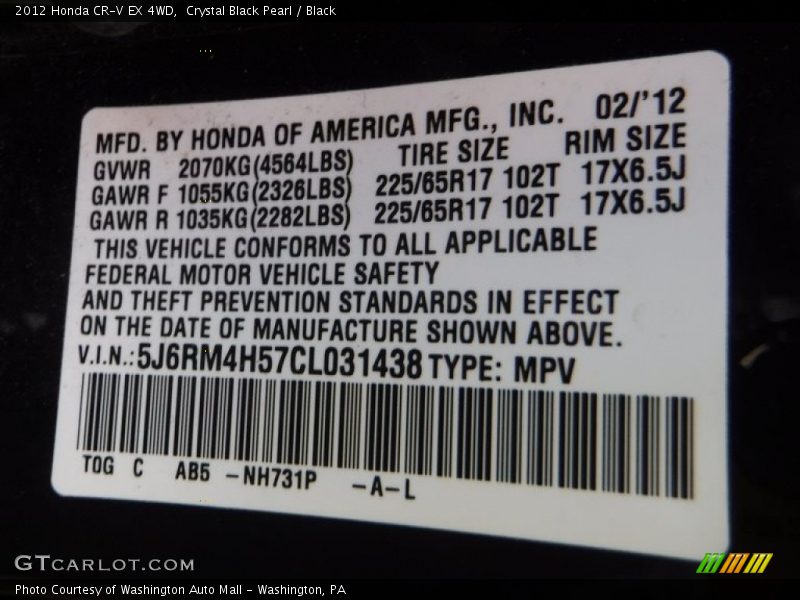 Crystal Black Pearl / Black 2012 Honda CR-V EX 4WD
