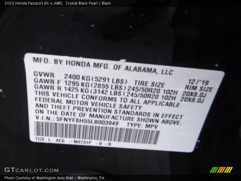 Crystal Black Pearl / Black 2020 Honda Passport EX-L AWD