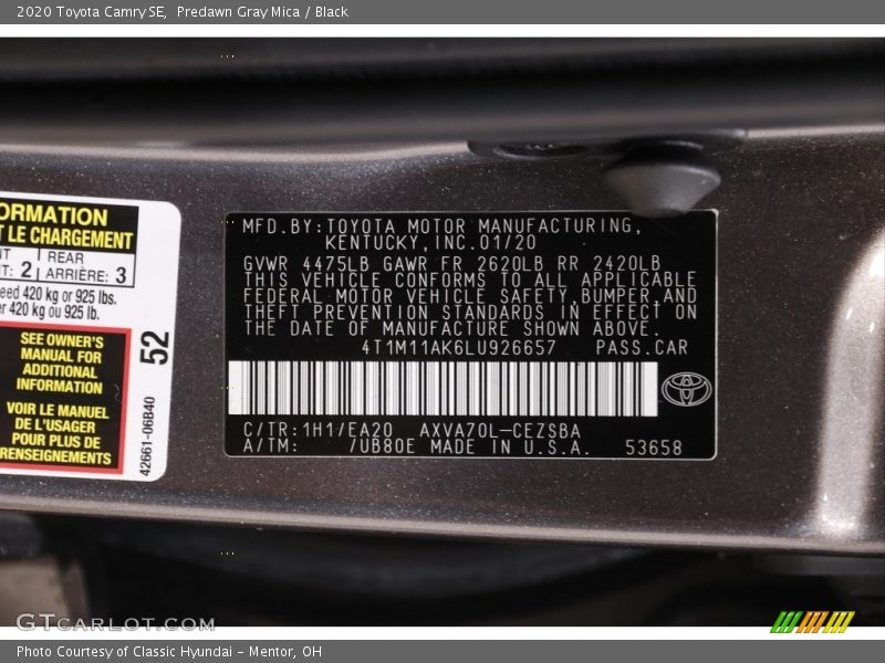 Predawn Gray Mica / Black 2020 Toyota Camry SE