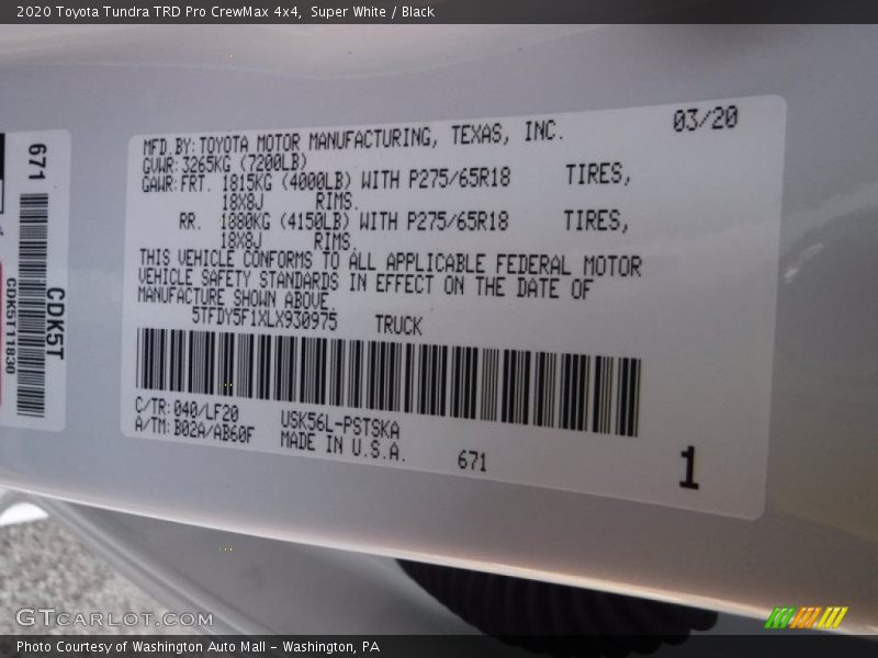 Super White / Black 2020 Toyota Tundra TRD Pro CrewMax 4x4