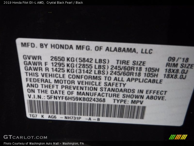 Crystal Black Pearl / Black 2019 Honda Pilot EX-L AWD