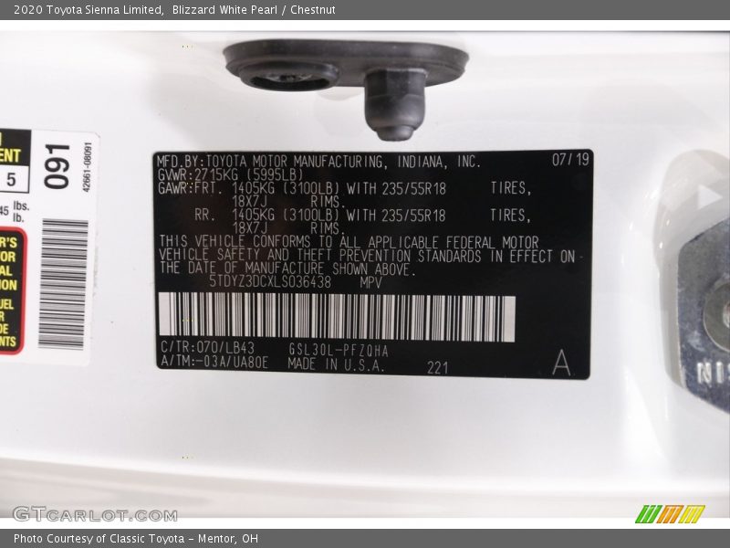 Blizzard White Pearl / Chestnut 2020 Toyota Sienna Limited