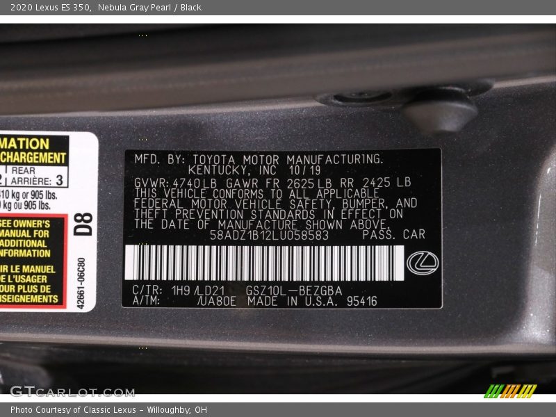 Nebula Gray Pearl / Black 2020 Lexus ES 350