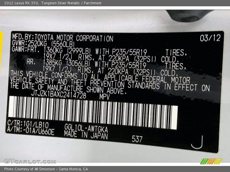 2012 RX 350 Tungsten Silver Metallic Color Code 1G1