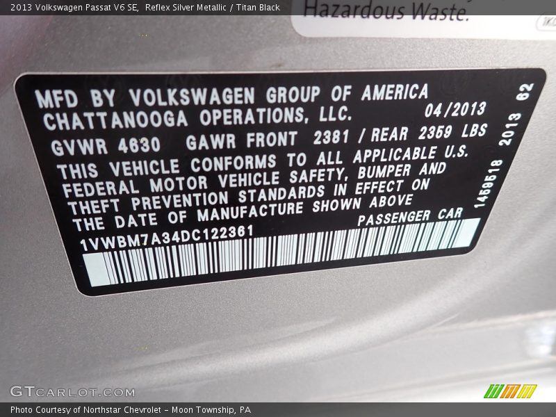 Reflex Silver Metallic / Titan Black 2013 Volkswagen Passat V6 SE