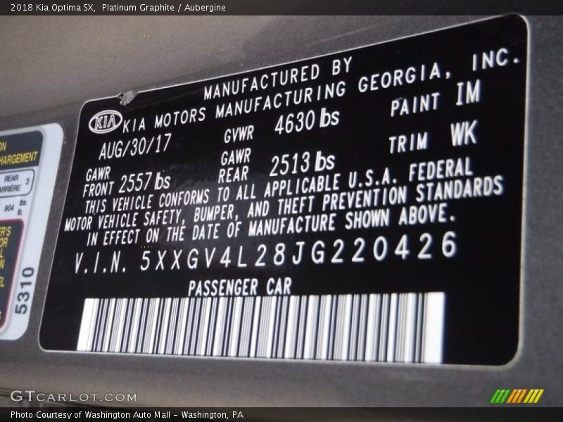 2018 Optima SX Platinum Graphite Color Code IM