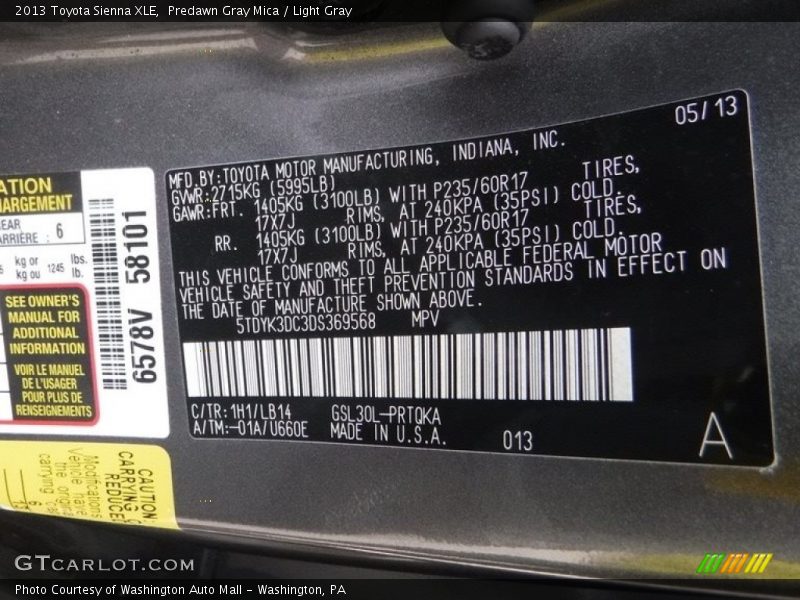 Predawn Gray Mica / Light Gray 2013 Toyota Sienna XLE
