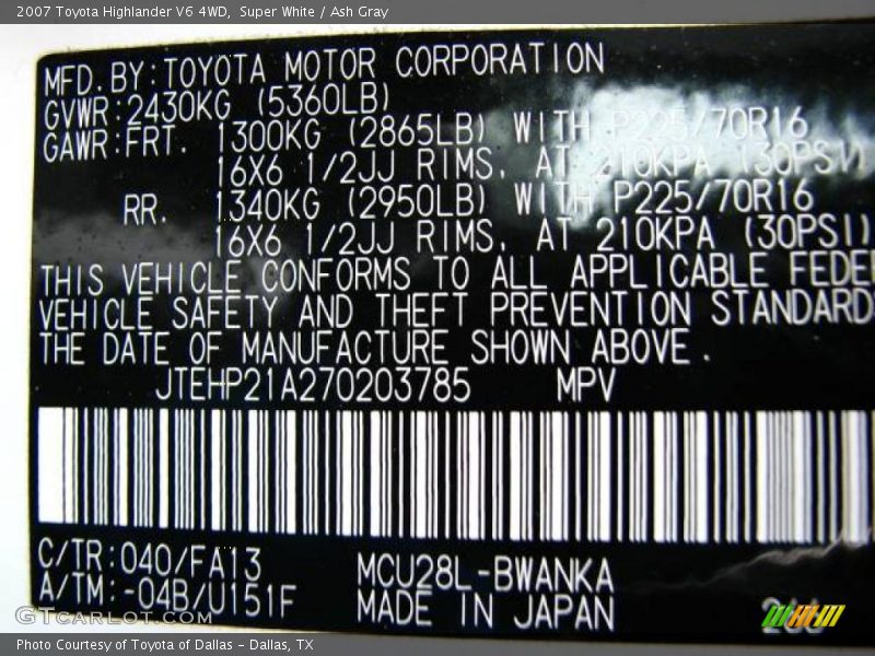 Super White / Ash Gray 2007 Toyota Highlander V6 4WD