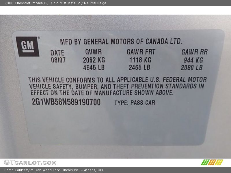 Gold Mist Metallic / Neutral Beige 2008 Chevrolet Impala LS