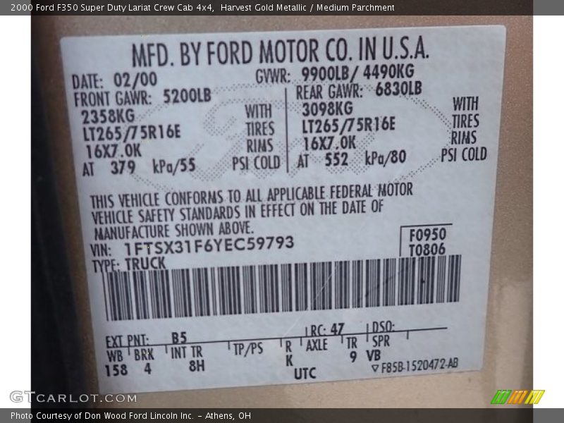 2000 F350 Super Duty Lariat Crew Cab 4x4 Harvest Gold Metallic Color Code B5