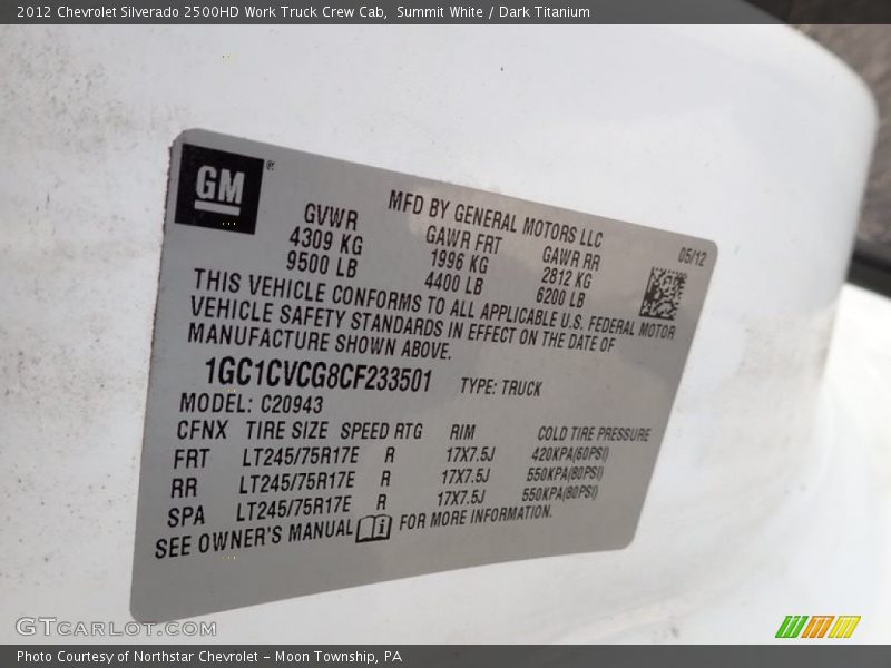 Summit White / Dark Titanium 2012 Chevrolet Silverado 2500HD Work Truck Crew Cab