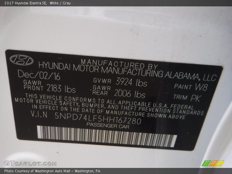 White / Gray 2017 Hyundai Elantra SE